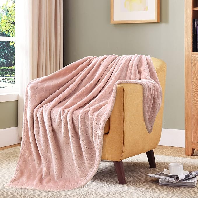 TOONOW Fleece Bed Blanket Queen Size 90x90 inches, Super Soft Fluffy Fuzzy Plush Blanket Geometric Pattern Cozy Microfiber Flannel Blankets for Couch, Bed, Sofa, Light Pink