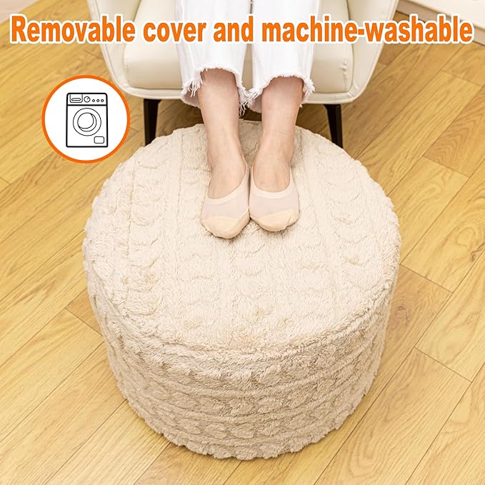 Round Pouf Ottoman Foot Rest 20x14 Inches Soft Heart Printed Footstool Ottomans for Living Room Comfort Floor Pouf Modern Foam Stuffed Poofs Perfect to Rest Your Feet for Couch Desk Light Coffee
