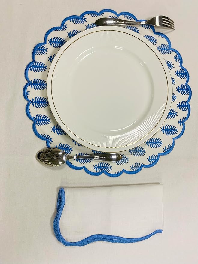 Ridhi Cerulean Blue Bo-ho Round Place Mat Double Layer Floral Cotton Washable Placemats 15" Round Embroidery Block Print Table Mat Pack of 4-15 Inch Round