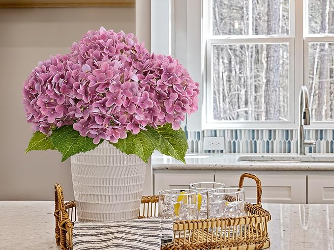 4Pcs 20" Real Touch Hydrangea Artificial Flowers Dark Pink Lifelike Fake Latex Hydrangeas for Baby Shower Party Wedding Flower Arrangement Indoor Home Office Xmas Table Decoration