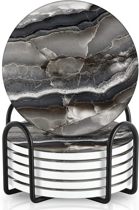 Emerson Essentials Coasters for Drinks Absorbent with Holder, Set of 6, Cork Backing Ceramic Stone Marble Style for Wooden Coffee Bar Tables, Glass Tabletop Non Slip, with Stand