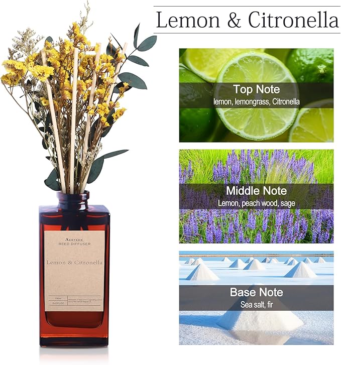 Reed Diffuser Set - Lemon Citronella Essential Oil, 5 oz/150ml Lemon Aroma Scent Oils Air Freshener with Flower Decoration and Diffuser Sticks, Home Fragrance for Room Bathroom Decor