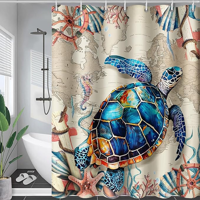 AILONEN Sea Turtle Shower Curtain, Retro World Map Voyage Coast Ocean Bath Curtain,Sea Turtle Bathroom Curtain Decor,Boys Adults Polyester Waterproof 36" W*72" H Shower Curtain, Hooks