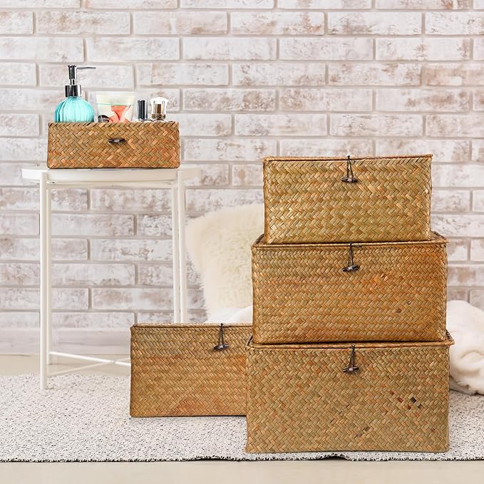 Kigley 6 Pcs Seagrass Basket with Lid Wicker Storage Decorative Boxes with Lids Bin Woven Organizer for Shelf Closet Bedroom, 6 Sizes(Classic Style,Yellow Brown)