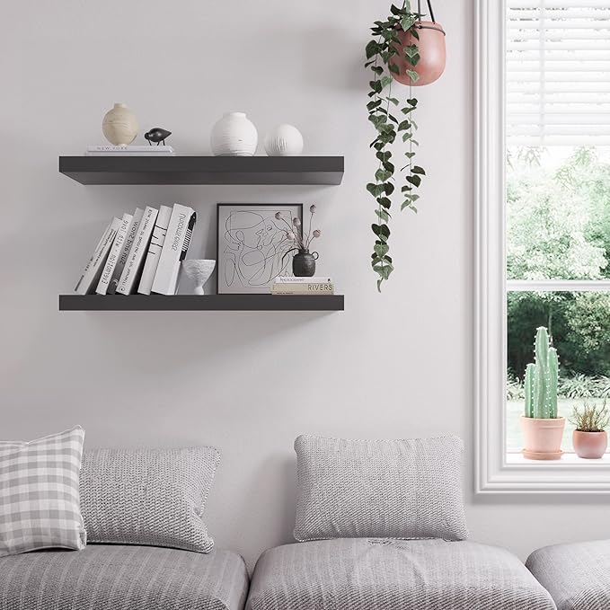 Floating Shelf, Set of 1 Wall Shelf, 24 in W x 12.75 in D x 2 in H Wooden Floating Wall Shelf with Invisible Brackets for Living Room/Bedroom/Bathroom/Kitchen Storage and Decor, Black