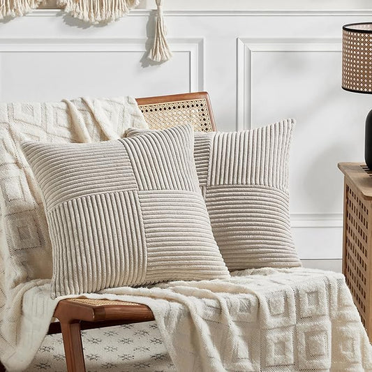 Fancy Homi 2 Packs Neutral Taupe Decorative Throw Pillow Covers 20x20 Inch for Living Room Couch Bed Sofa, Farmhouse Boho Home Decor, Soft Corss Corduroy Patchwork Accent Square Cushion Case 50x50 cm