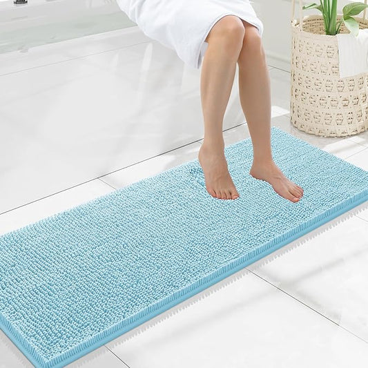 Smiry Luxury Chenille Bathroom Rugs 47x17, Extra Soft and Absorbent Shaggy Bath Mat, Machine Washable, Non-Slip Plush Carpet Runner for Tub, Shower, and Floor, Home Decor Accessories, Sky Blue