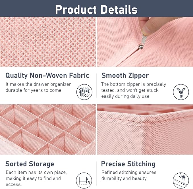 Joyoldelf Sock Drawer Organizer Divider 4 Packs Underwear Organizer, 2 x 24 Cell + 2 x 16 Cell Closet Organizers and Storage Sock Holders for Storing Socks, Handkerchiefs, Ties, Belts (Pink)