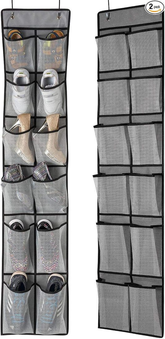 KEEPJOY Over The Door Shoe Organizer 2 Pack,Mesh Pockets Hanging Shoe Rack Over The Door,Shoe Storage Closet with 4 Hooks,Washable and Breathable Fabic,Large Size 57.5×12.6inch(Grey)