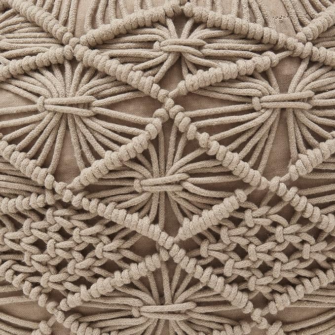 Ornavo Home Pouf Ottoman Foot Rest - 100% Cotton Pouffe - Hand Knitted Macrame Braid - Boho Round Stuffed Ottoman for Living Room, Bedroom - Beige