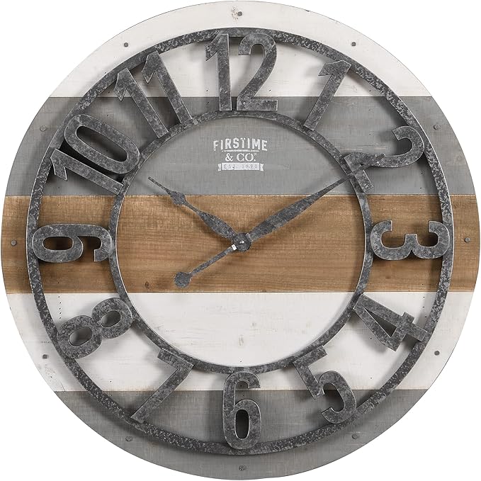 FirsTime & Co. Multicolor Shabby Planks Wall Clock, Large Vintage Decor for Living Room, Home Office, Round, Wood, Farmhouse, 27 inches