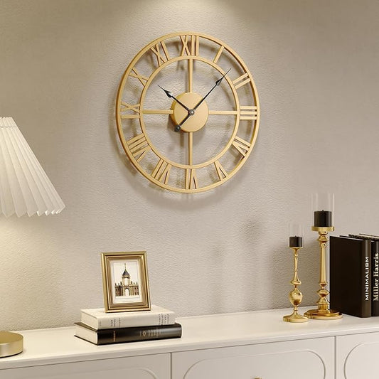 16 Inch Metal Gold Wall Clock - Silent Non-Ticking Battery-Operated Round Rustic Modern Clock for Living Room, Kitchen, Mantel - Roman Numerals