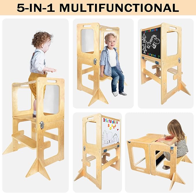 Kitchen Step Stool for Kids 5 in 1 Montessori Kitchen Tower for Kids, Kids Step Stool Standing Tower, Natural Wood