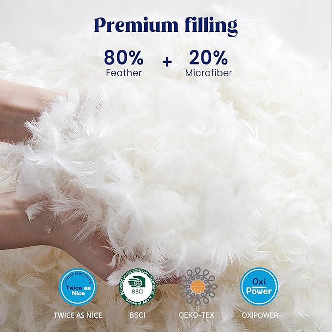 puredown® Feather Pillows with 100% Cotton Cover, Set of 2 Gusseted Bed Pillows with Silver Piping for Sleeping, Queen Size