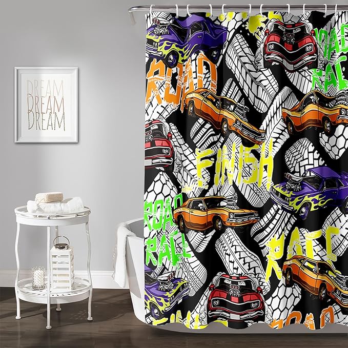 AILONEN Racing Car Shower Curtain for Bathroom Decor,Cool Racer Bath Curtain for Kids Boys Teens,Graffiti Printed Curtain Waterproof with 12 Plastic Hooks, 72" W x 72" H
