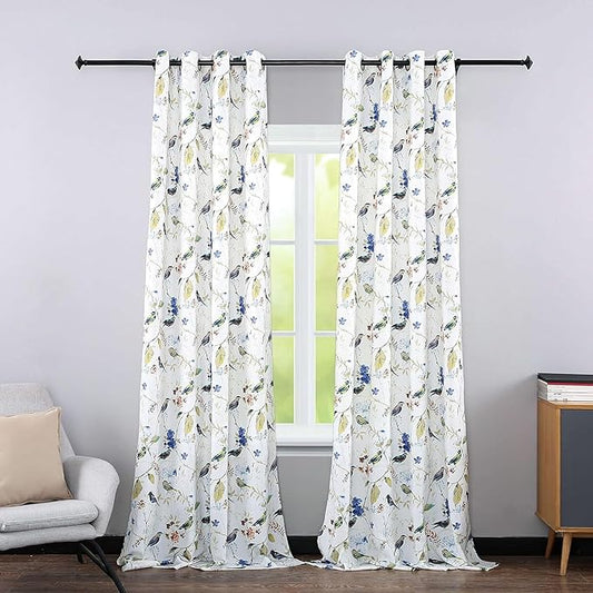 Leeva Curtains 72 Inch Length 2 Panels Set, Soft Linen Textured Bedroom Curtains for Room Divider, Blue Bird Printing Window Treatments for Sliding Door, 52 x 72, Grommet