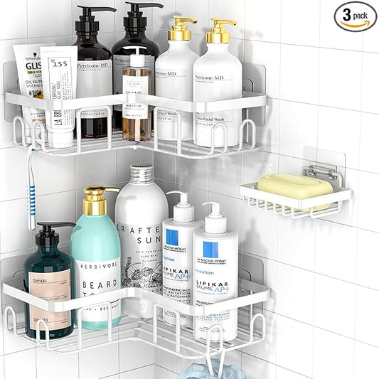 Moforoco Corner Shower Caddy, 3 Pack Organizer with Soap Holder and 12 Hooks, Adhesive Shelves Rustproof for Bathroom, Storage Basket with Accessories (White)