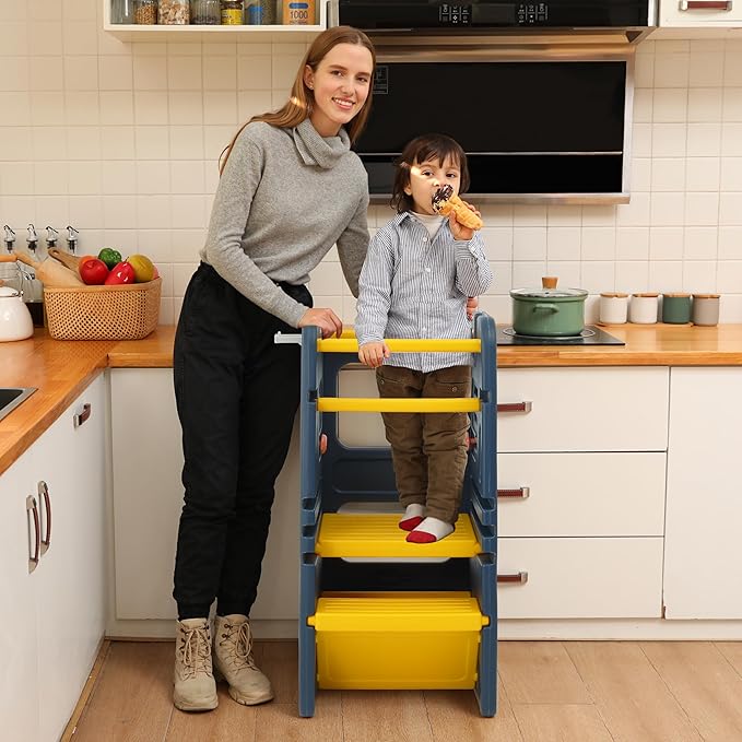 SDADI Multifunctional Toddler Tower with Double Safety Rails - Adjustable & Non-Slip for Kitchen and Bathroom Use - Montessori Step Stool for Kids, Dark Blue and Yellow