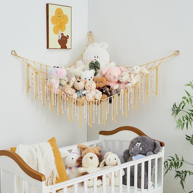 Pretty Jolly Stuffed Animal Storage Hammock with Wooden Beads Corner Hanging Net Boho Tassel for Toy Plush Holder for Kid Room Nursery Decor Wall Display Organizer for Girls Boy Gift(Yellow)