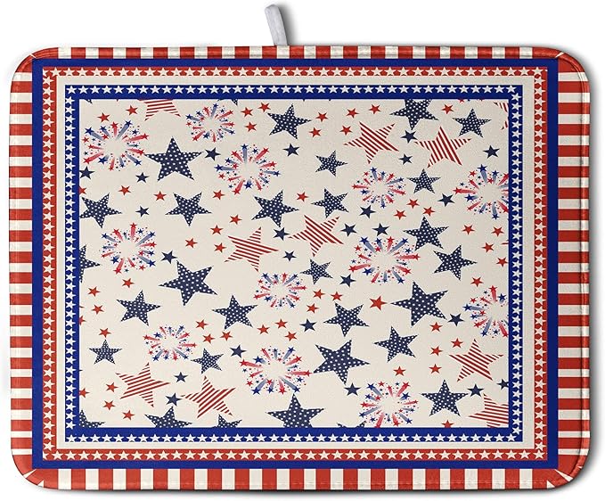 Happy 4th of July Patriotic Dish Drying Mat 16 x 18 Inch US Independence Day Vintage Star Kitchen Drying Mat Blue White Red Dish Drainer Mats Super Absorbent Dish Rack Pad for Coffee Bar Sinks