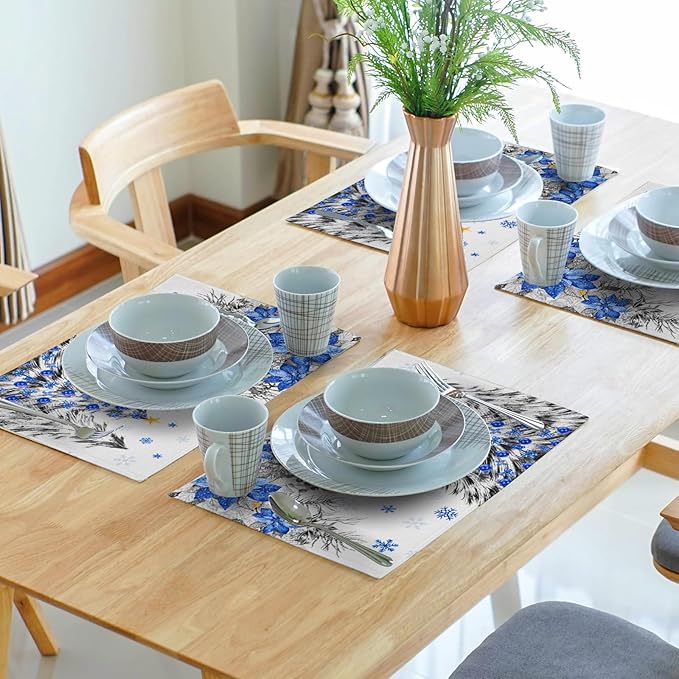 Giwawa Christmas Placemats Set of 4 Blue Grey Xmas Trees Balls Linen Place Mat 12"x18" Winter Poinsettia Floral Snowflakes Stain Resistant Table Mats for Kitchen Dining Holiday Party Decor
