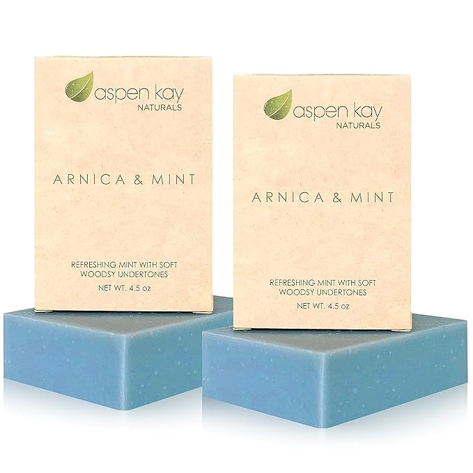 Aspen Kay Naturals Handmade Arnica & Mint Soap. Vegan, Cold processed - Olive Oil, Shea Butter, Coconut Oil, Essential Oils, Palm Oil. All Skin Types & Sensitive Skin, Made in the USA (2 Pack)