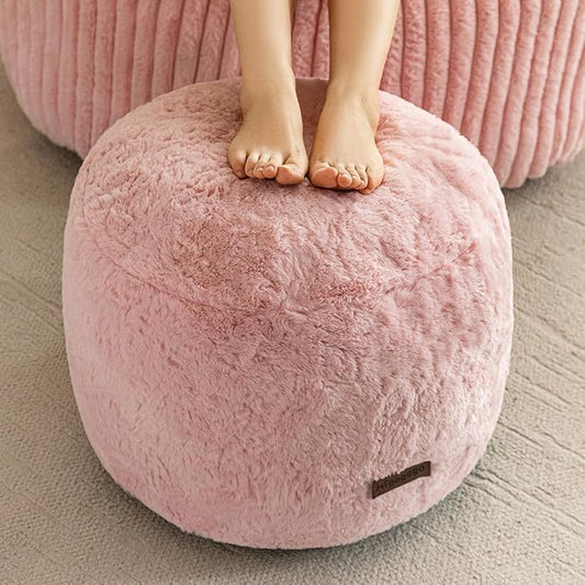 HIGOGOGO Pouf Stuffed Ottoman Round Modern Foam Filled Foot Rest Chair Decorative Poufs 20 x 15 Inches Fluffy Boho Comfy Stool for Living Room, Pink