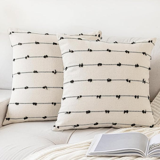 Boho Throw Pillow Covers 26x26 Set of 2 Modern Farmhouse Decorative Cushion Case Tufted Square Pillows Cover Neutral Pillow Cases Accent Pillowcase for Sofa,Couch,Bed,Beige and Black