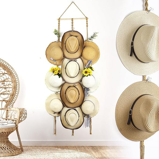 Hat Organizer for Wall Mount 15x53in Boho Hat hanger with 10 Clips Macrame Hat Rack for Wide Brimmed Hat Display Women Hat Holder Western Decor for Fedora Cowboy Beach Hat Brown