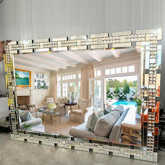 Chende 32" x 47" Large Wall Mirror for Decor, Living Room Decorative Mirror with Crystal, Beveled Edge and Glass Frame, Modern Rectangular Wall Decor Entrance, Fireplace, Home Office
