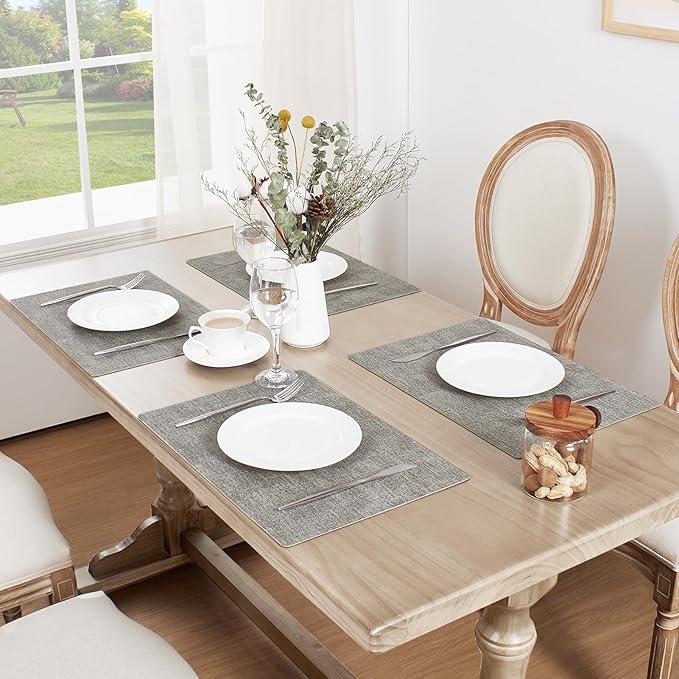 Softalker Faux Leather Placemats Set of 4-Vinyl Heat Resistant Place Mats, 100% Waterproof Oilproof Wipe Clean Table Mats for Indoor & Outdoor Use, 17’’×12’’, Light Grey