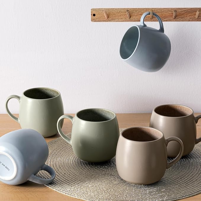 Ceramic Coffee Mugs Set of 6, 14oz - Modern Scandinavian Aesthetic Large Cup- Microwavable Stoneware Coffee Cups with Comfortable Handle - Tea Mug Set for Latte, Cappuccino, Soup - Taupe