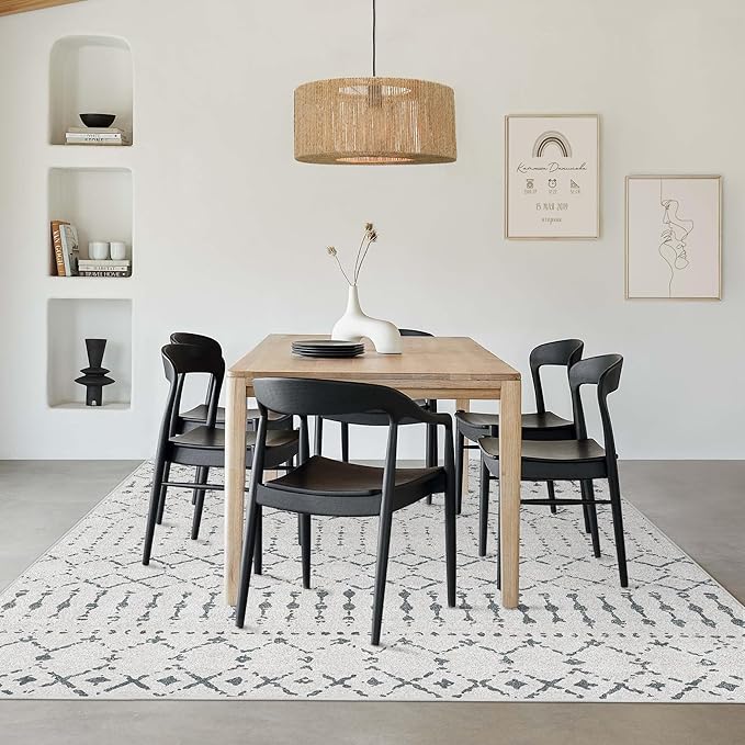 Deerly 5x7 Area Rugs for Living Room, Washable Rugs Moroccan Boho Farmhouse Rug with Non-Slip Backing, Soft Low Pile Indoor Floor Carpet Neutral Rug for Bedroom Dining Room, Off White/Grey