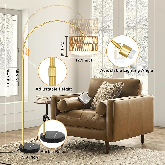 Rattan Floor Lamp for Living Room Arc Boho Floor Lamp with Rattan & Linen Double Shades Adjustable Tall Wicker Lamps with 3 Color Temperatures for Bedroom Office Reading,Gold
