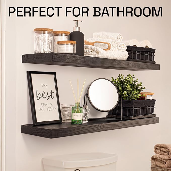 BAOBAB WORKSHOP Wood Floating Shelves for Bathroom Wall - Solid Wood Shelf 36 inch - Long Floating Shelves for Wall for Bedroom Kitchen Living Room - Black Shelves - 36 x 6.7 Inch, Set of 2