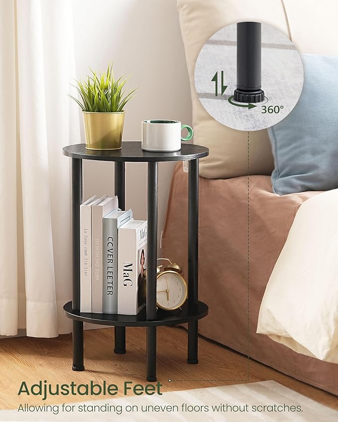 Round Side Table, 2-Tier End Table, Small Round Nightstand with Sturdy Metal Tube, Industrial Coffee Table Round, for Living Room, Bedroom, Black TBZ01BB