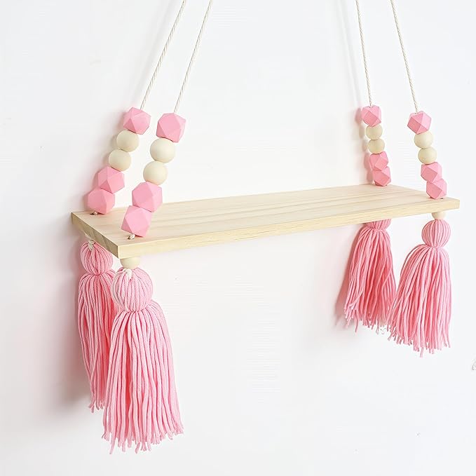 Rope Hanging Floating Shelves Wood Beads Wall Shelf Boho Storage Rack Decorative Display Ledge Shelf for Living Room Room Bedroom Bathroom Kitchen Pink
