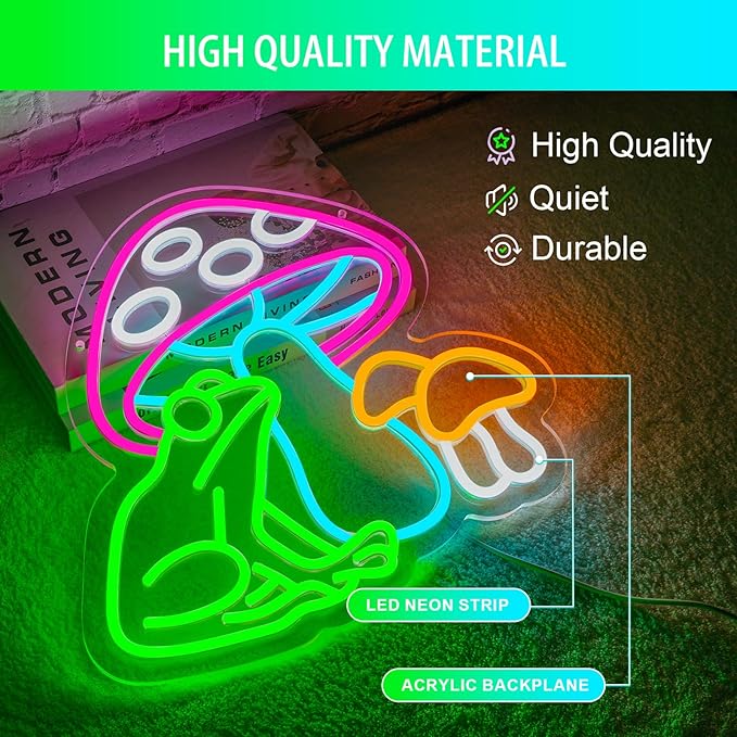 Mushroom Frog Neon Sign Colorful Mushroom Neon Light Frog Neon Sign, USB Powered Dimmable LED Cute Neon Signs for Wall Décor Kids Room, Perfect Gifts for Birthday, Christmas(14.5*13inches) ﻿
