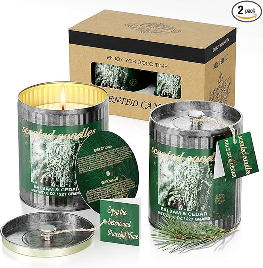 Vintage Scented Candles Gift Set (2 x 8 oz) - Balsam Cedar Aromatherapy Candle, Natural Soy Wax Candle, (2 x40) Hours Burn, 8% Fragrance Oil, Holiday Gifts for Home Decor, Relaxation & Christmas