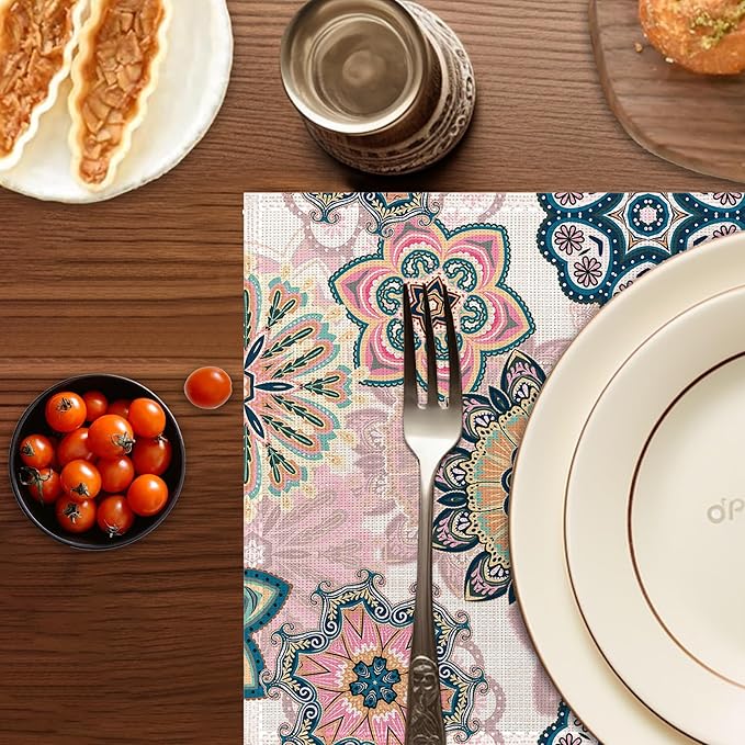 Spring Summer Floral Placemats Set of 6,Washable Heat Resistant 12×18 Inch Linen Table Mats Blooming Flowers Mandala Place Mats for Party Outdoor Dining