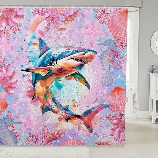 Feelyou Watercolor Shark Fabric Shower Curtain Under Sea Animals Themed Shower Curtain for Kids Pink Shells and Corals Bathroom Waterproof Accessories with 12 Hooks Ombre Curtains,72X84 Inches