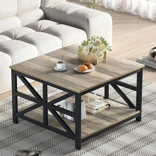 GreenForest Coffee Table with Storage for Living Room, Small Square Center Tables with Seamless One-Piece Tabletop Farmhouse Style, Grey Wash
