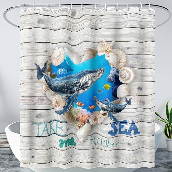 AILONEN 3D Printed Whale Shower Curtain, Ocean Sea Animal Wooden Style Bathroom Curtain,Shell Coast Whale Bath Curtain 48" W*72" H,Polyester Waterproof Bathroom Curtain with 12 Hooks