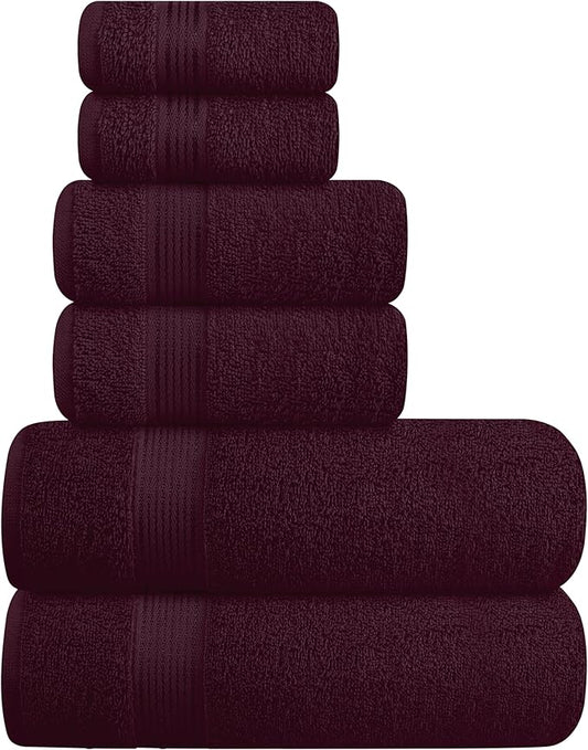 Belizzi Home Ultra Soft 6 Pack Cotton Towel Set, Contains 2 Bath Towels 28x55 inch, 2 Hand Towels 16x24 inch & 2 Wash Coths 12x12 inch, Ideal for Everyday use, Compact & Lightweight - Burgundy Red