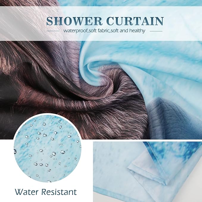 Aimego Extra Long Shower Curtain - Funny Cool Bear Riding Shark Crazy Ocean Wave Fabric Cloth Shower Curtain Set with 12 Hooks Adults Bathroom Decor Accessories Bathtub Curtain, 72"x84", Blue Brown