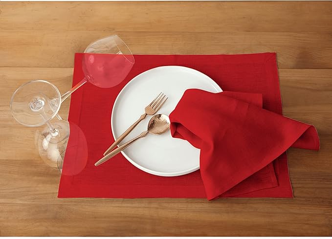 Solino Home Linen Red Placemats Set of 6-100% Pure Linen Placemats 14 x 19 Inch for Summer - Fete