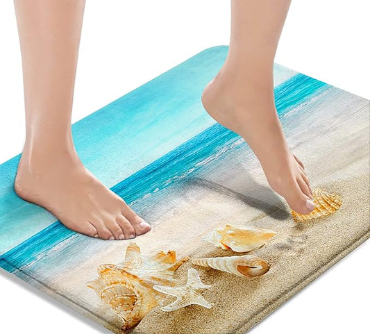 Britimes Bath Mat for Bathroom, Blue Beach Starfish Sea Washable Cover Floor Rug Carpets Floor Mat Bathroom Decorations 16x24 Inches for Kitchen Bedroom Indoor