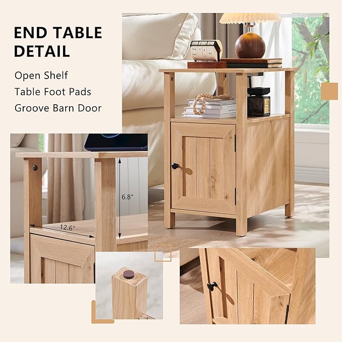 Farmhouse Nightstand Set of 2, End Table with Charging Station, Rustic Side Table w/Barn Door & Open Shelves, Bedside Table w/Storage Space and Storage Cabinet for Bedroom, Living Room (Natural)