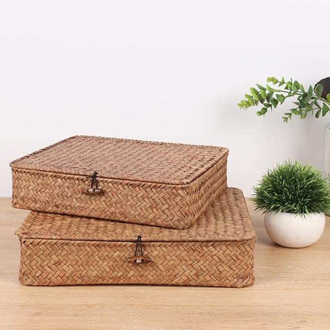 Flat Wicker Shelf Baskets with Lid, Handwoven Seagrass Basket Boxes for Storage Baskets Bins Home Decor Organizer (Coffee Small)