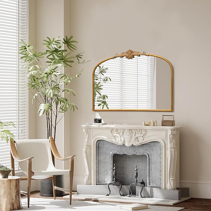 Vintage Baroque Gold Mirror: 32"x24" Arched Antique Wall Mounted Mirror - Traditional Ornate Metal Frame - Home Decor for Entryway/Fireplace/Living Room/Hallway/Bathroom